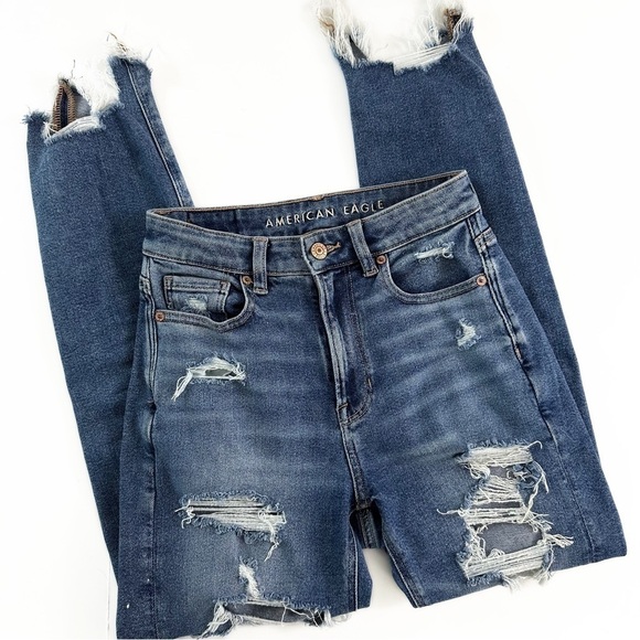 American Eagle Womens 00 Mom Straight Jeans Distressed Raw Hems - Picture 2 of 7